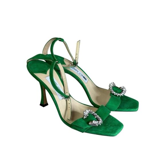 Jimmy Choo Marsai 90 Crystal Buckle Green Suede Sandals EU37.5 - Picture 9 of 11